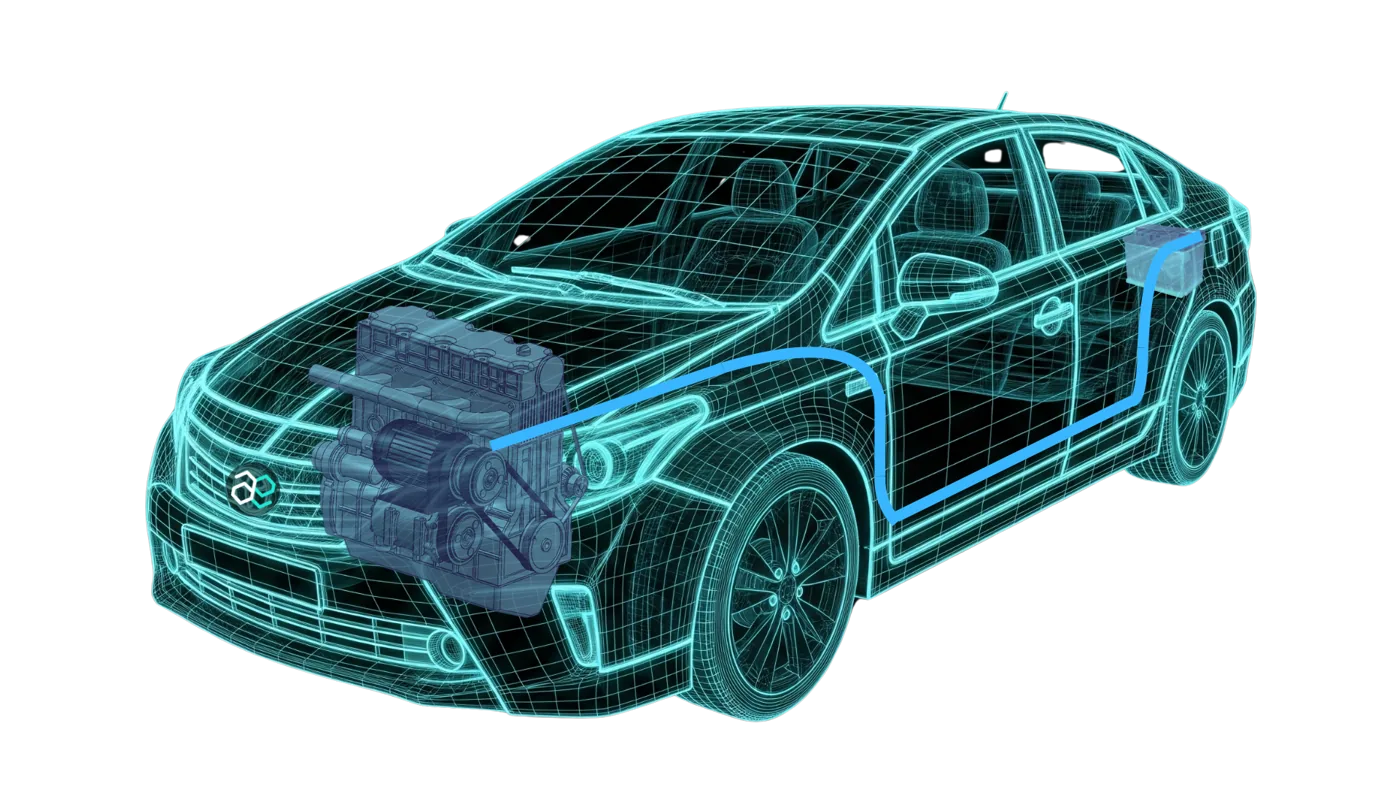 Wireframe of an electric vehicle showing its drivetrain